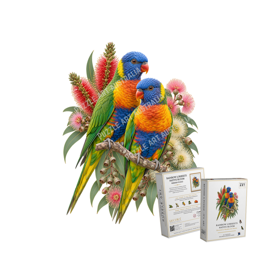 Rainbow Lorikeets – Native Bloom Wooden Puzzle Art by Puzzle Art Australia