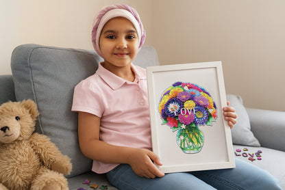 Girl holding the framed Happy Flowers puzzle from the Blooms & Beauty bundle